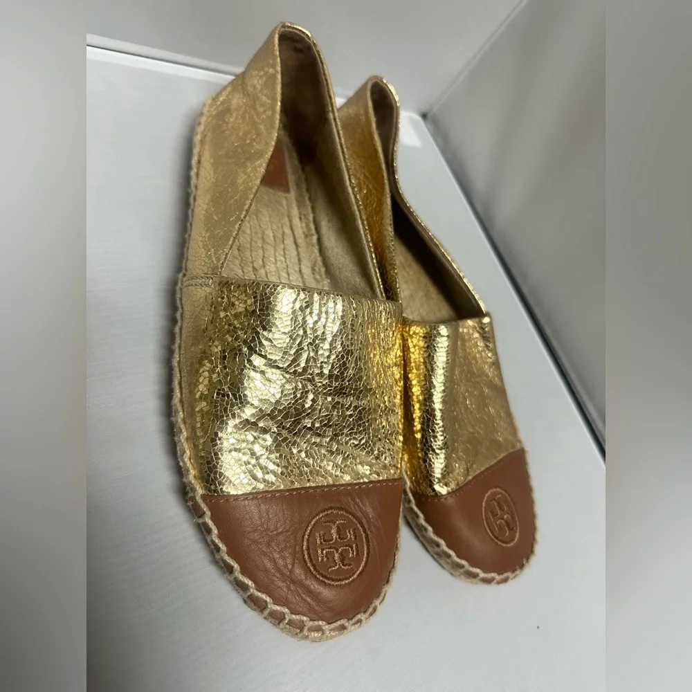 Tory Burch Metallic Gold and Tan Espadrilles